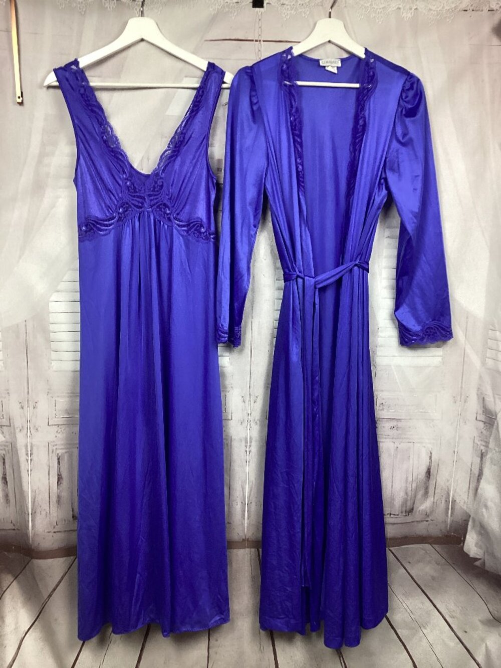 80s Lorraine Nightgown Robe Set Blue Maxi Lace M/L
